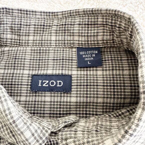 IZOD Button Down Shirt Mens Size L Beige Green Plaid Long Sleeve Classic Fit - Picture 4 of 8